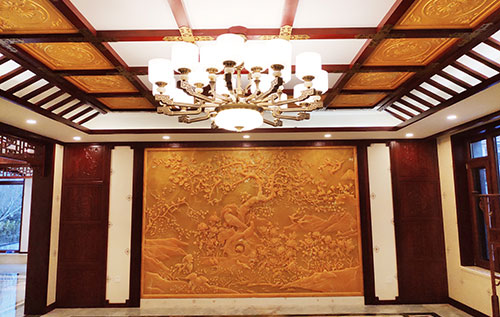 修文中式别墅客厅中式木作横梁吊顶装饰展示
